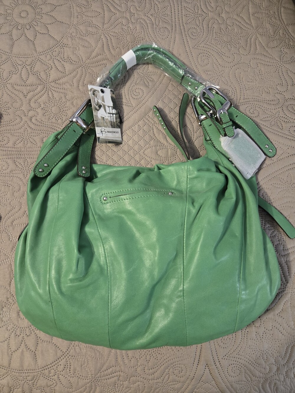 B. Makowsky Leather Green Stud-Accent Hobo Bag, New - Picture 2 of 6